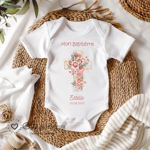 Personalized baby baptism bodysuit, personalized baptism outfit, flowery cross, personalized baby baptism bodysuit