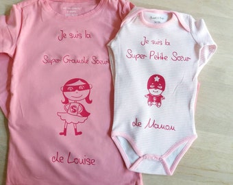 Cadeau naissance personnalisé tee shirt super grande soeur et body super petite soeur ,  annonce grossesse, future grande soeur  superhéro