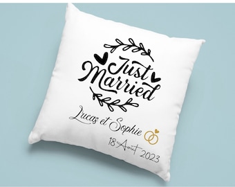 Coussin just married, cadeau mariage, nouveaux mariés