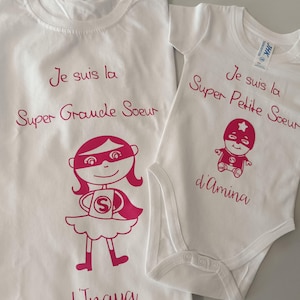 Personalized birth gift super big sister t-shirt and super little sister bodysuit, pregnancy announcement, future big sister superhero