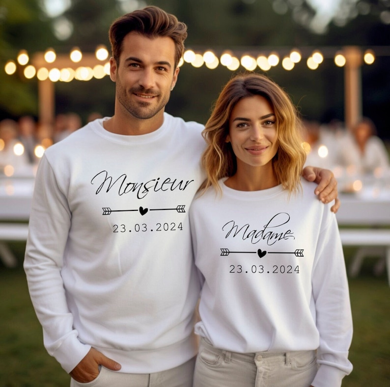 Mariage Sweat monsieur madame date, Sweatshirt de Mariage Personnalisé, Cadeau de Mariage original, Pull à Capuche Just Married image 1