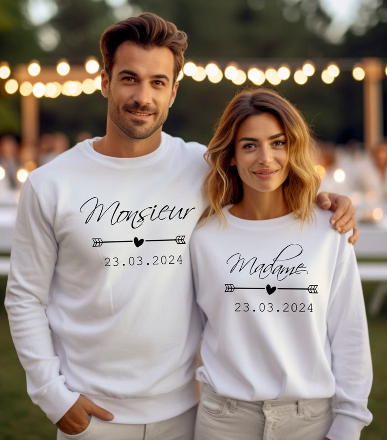 Mariage Sweat monsieur madame date, Sweatshirt de Mariage Personnalisé, Cadeau de Mariage original, Pull à Capuche Just Married image 2