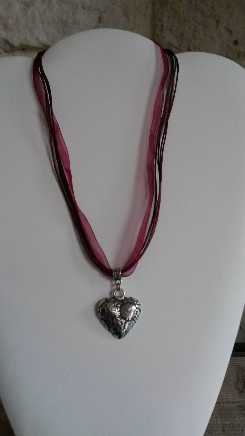 gift Valentine/'s day gift for woman Necklace heart poetic crew neck silver heart flower and purple cord