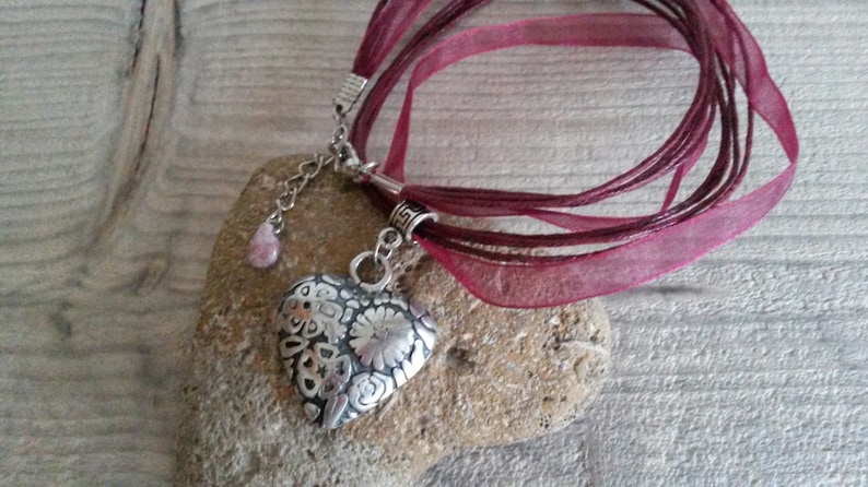 gift Valentine/'s day gift for woman Necklace heart poetic crew neck silver heart flower and purple cord