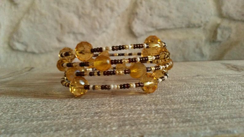 memory Wire Bracelet Handcrafted contemporary yellow and chocolate bracelet gift for her idea