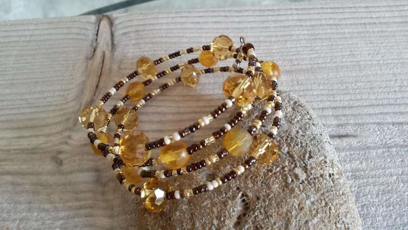 memory Wire Bracelet Handcrafted contemporary yellow and chocolate bracelet gift for her idea