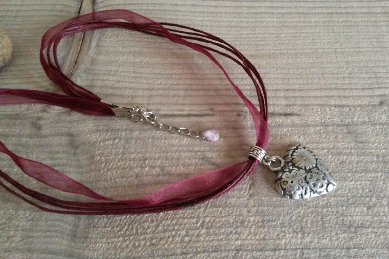gift Valentine/'s day gift for woman Necklace heart poetic crew neck silver heart flower and purple cord