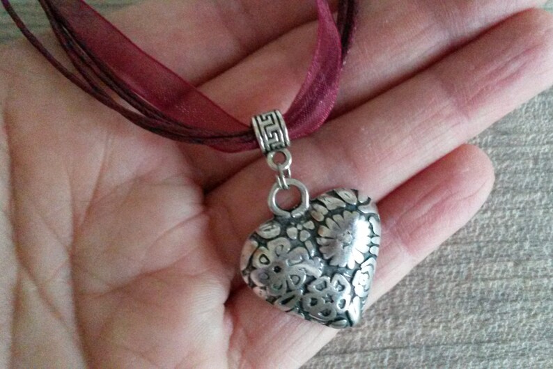 gift Valentine/'s day gift for woman Necklace heart poetic crew neck silver heart flower and purple cord