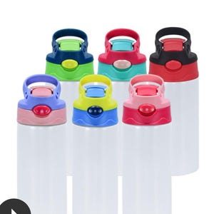 May include: Six colorful water bottles with different colored lids and handles. The bottles are all white and have a smooth finish.