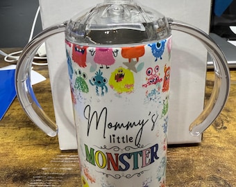 Mommy’s Little Monster 12oz Sippy Tumbler with 2 Lids | Personalized Toddler Cup | Spill-Proof Sippy + Straw Lid | Kids Drinkware | Custom