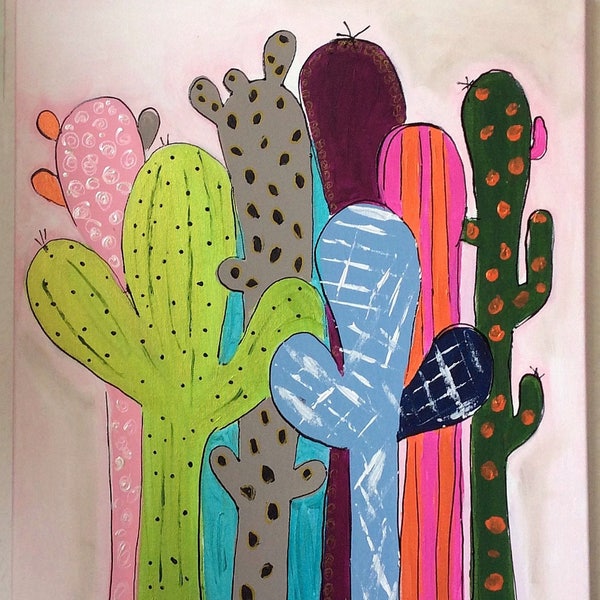 Tableau cactus colorés  -  Tableau contemporain cactus colorés - toile 55x46cm