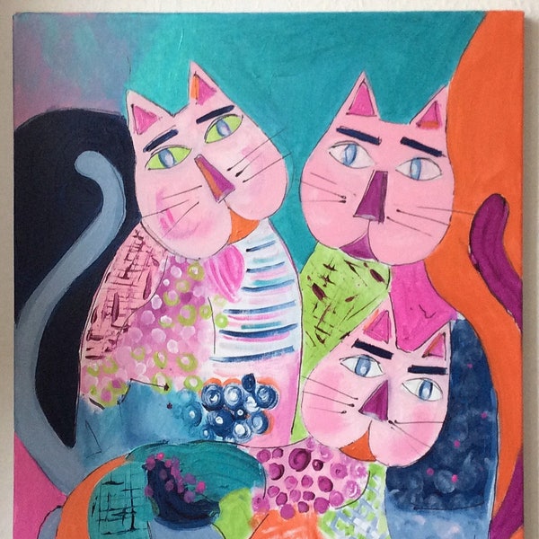 Tableau Chats colorés -  Tableau moderne chats abstraits  toile 55x46cm