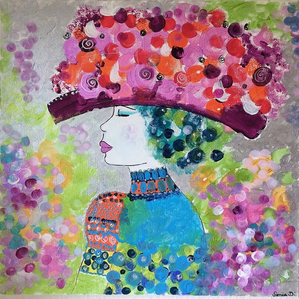 Tableau femme multicolore, tableau portrait femme - Tableau moderne femme au chapeau