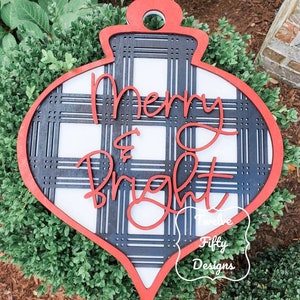 Merry and Bright Door Hanger, Christmas Ornament, Laser Cut, SVG Glowforge, Christmas ornament
