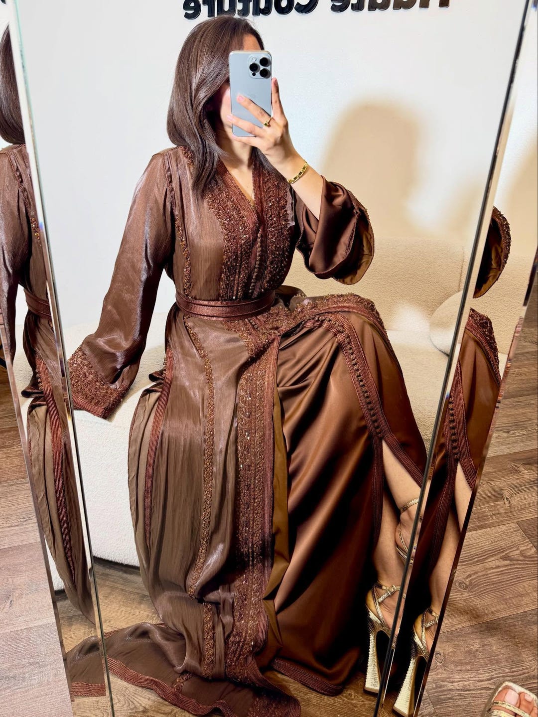 Elegant Brown Satin Moroccan Caftan With Belt – Handmade Traditional ...