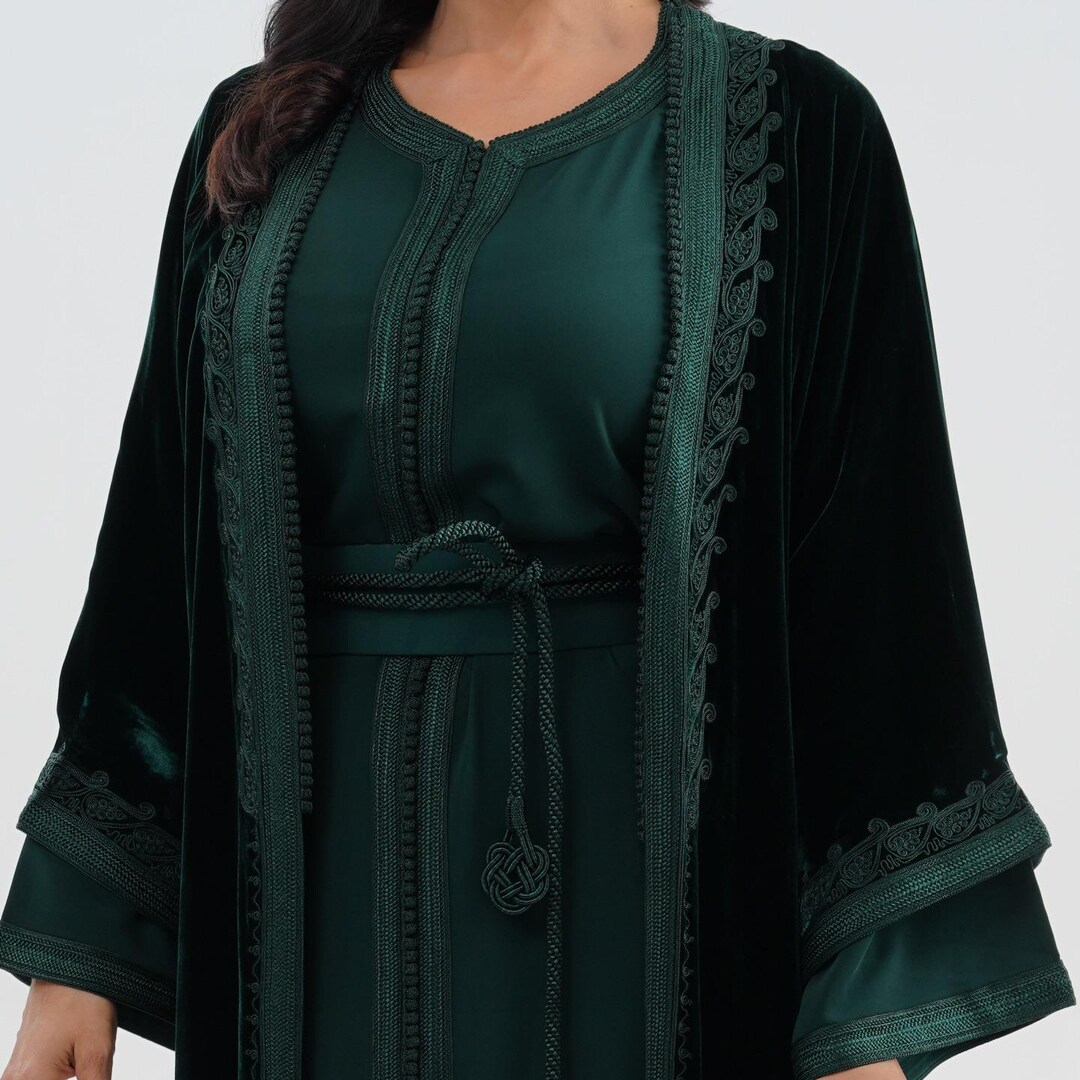 Emerald Green Moroccan Velvet Kaftan – Two Piece Luxury Kaftan With ...