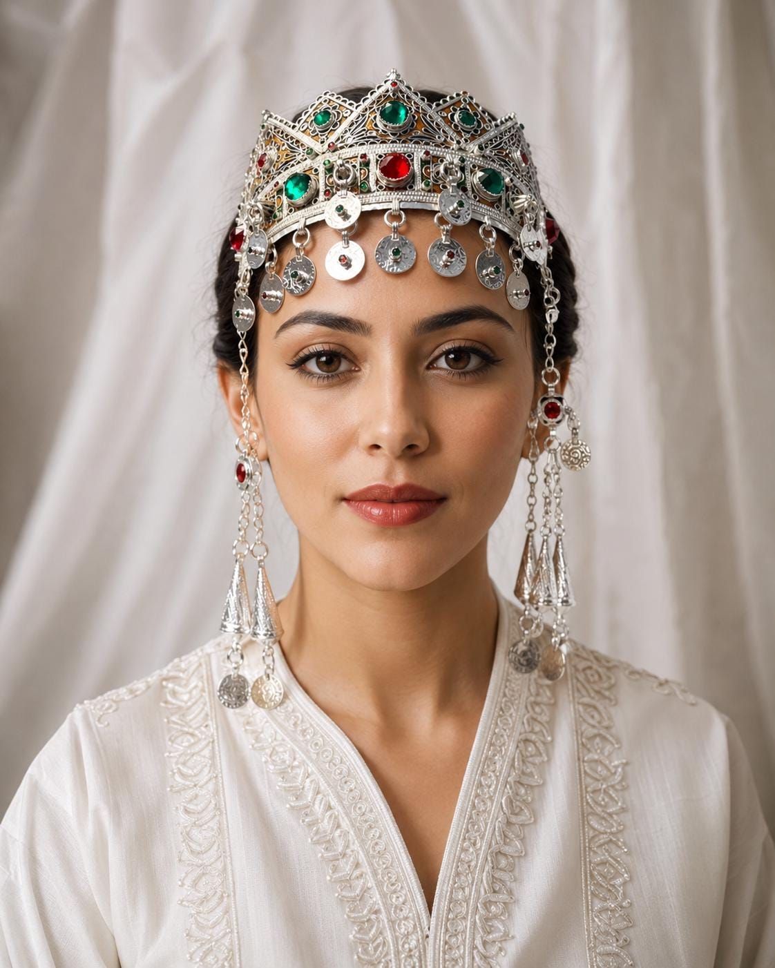 Moroccan Berber Bridal Crown, Handmade Amazigh Headpiece, Traditional Silver Wedding Jewelry, Tribal Boho Headdress, Green Red Stones