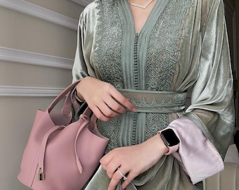 Sage Green Velvet Moroccan Caftan – Handmade Embroidered Caftan Dress with Belt for Weddings & Special Occasions, Handcrafted Velvet kaftan