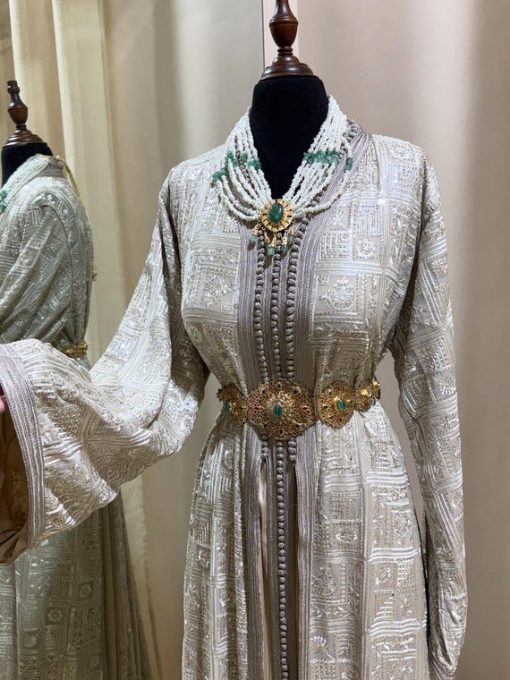 Luxury Beige Moroccan Caftan  Bridal Arabic Dress, Sari Dress Inspired  Kaftan, Wedding Guest Kaftan With Gold Belt, Dubai Gown - Abaya - Etsy
