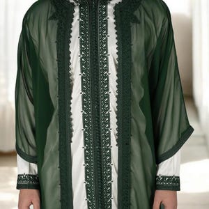May include: A long, green, sheer robe with intricate white embroidery and a high collar. The robe has a button closure down the front.