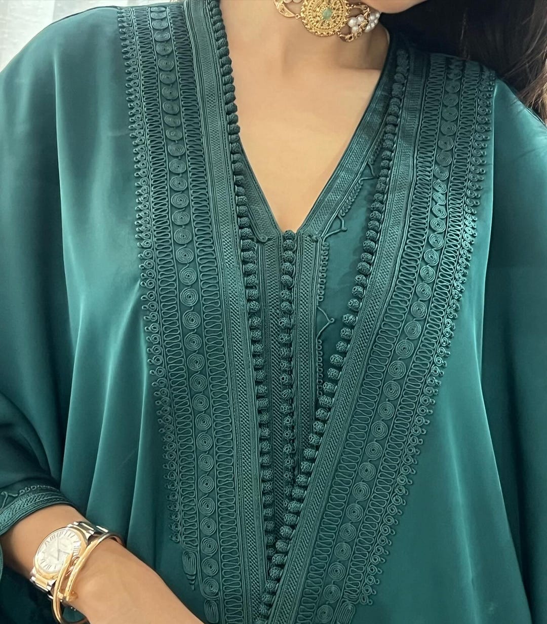 Emerald Green Moroccan Kaftan – Handmade Satin Abaya Caftan With ...