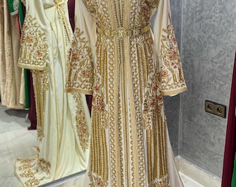 Royal White Wedding Dress Fully Handmade, Moroccan Takchita Dress, Elegant Embroidered White Caftan, Luxury Wedding Dress for Women, Henna