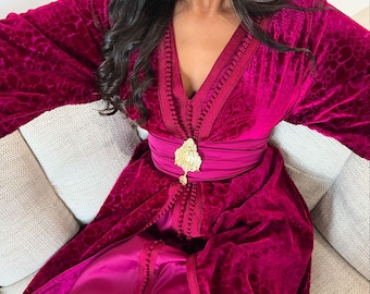Fuchsia Velvet Moroccan Takchita – Handmade Kaftan for Bride or Guest – Engagement or Eid Dress – Luxury Modest Gown - Nikkah Kaftan Dress