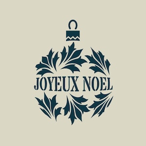 Peut inclure: Un pochoir d'ornement de Noël bleu foncé avec un motif floral stylisé et le texte "JOYEUX NOEL".