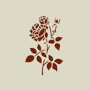 Puede incluir: Una silueta marrón de una rosa con hojas y un capullo. La rosa está estilizada y tiene un diseño simple.