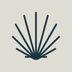 May include: A stylized black and white illustration of a seashell with a simple design.