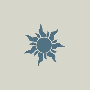 Peut inclure: Un soleil stylisé bleu avec un centre circulaire et des points rayonnants.
