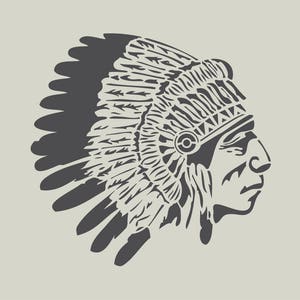 Peut inclure: Illustration en noir et blanc d'un homme amérindien portant une coiffe à plumes. L'homme regarde vers la droite.