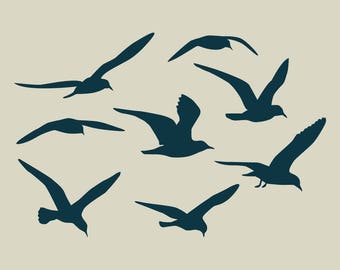 May include: Silhouettes of seven seagulls flying in different directions against a light beige background. The seagulls are all facing the same direction, with their wings spread out.