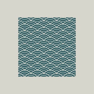 Puede incluir: Un patrón sin costuras de semicírculos superpuestos de color azul teal con contornos blancos. El patrón se repite en toda la imagen.