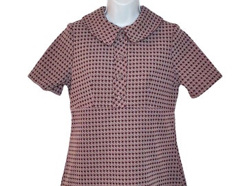 Vintage Handgemachte 60er Jahre Poly Kragen Tunika Top Mod Houndstooth Burgundy M