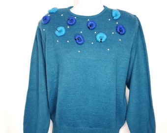 Vintage Teal Green Sweater Sz L Pearls Felted Blue Turquois Doughnuts Circles