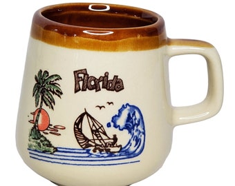 Vintage Florida Dinghy Sailing Ceramic Coffee Mug Palm Tree Sun Set Big Wave