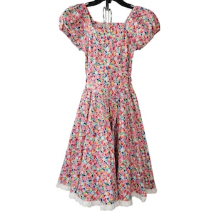 Vintage 80s Girls Dress Sz 10 Cherry Fruit Floral Prairie Cottagecore Pink Blue