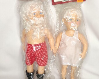 2 Fibre Craft Vintage Santa Mrs Claus Music Box Dolls 14" Plastic 3203 3197 Vtg. 