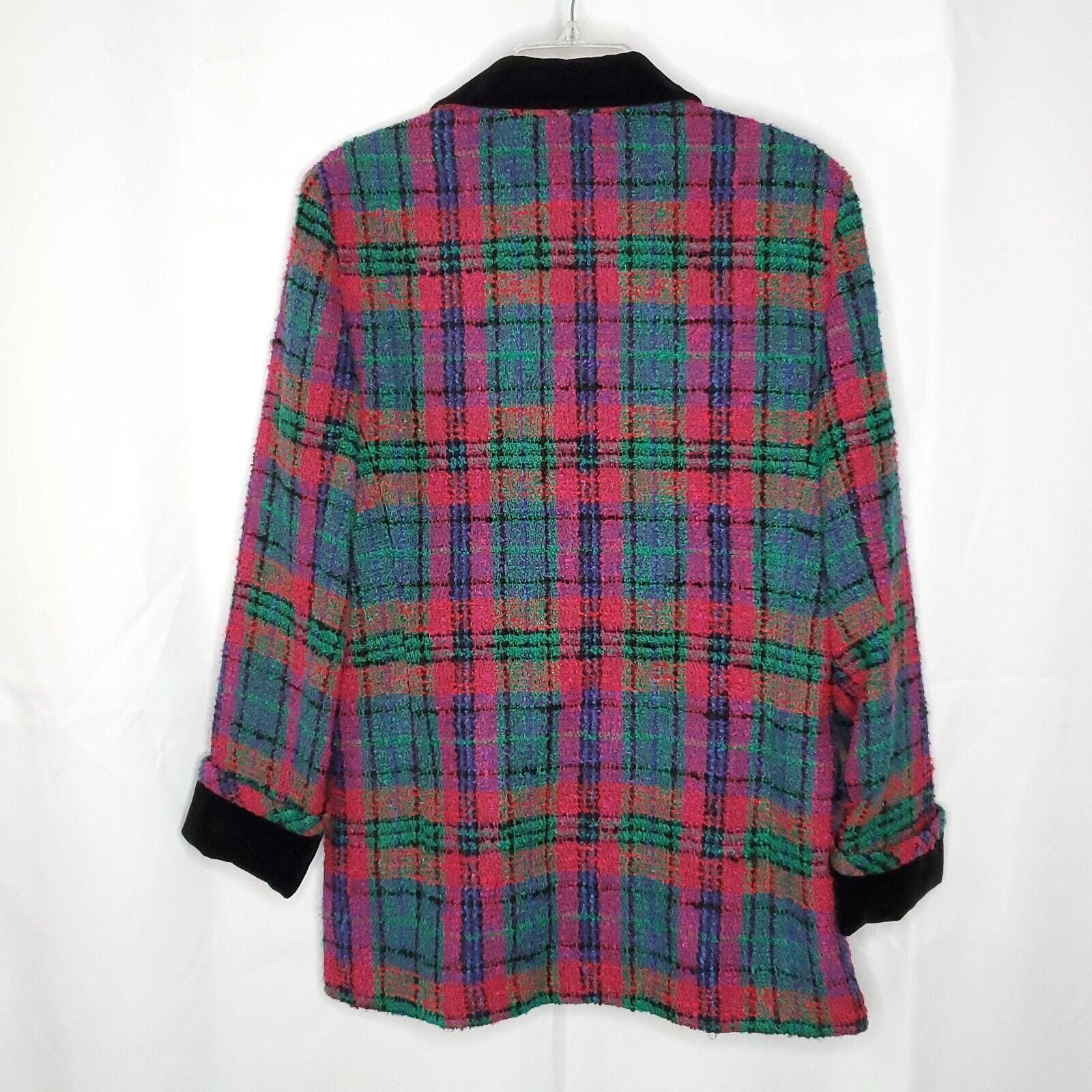Saks Fifth Avenue Plaid Blazer Jacket 10 Black Green Pink Tweed