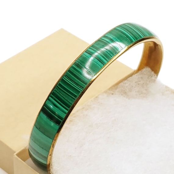 Vintage Brass Green Striped Malachite Bangle Brac… - image 2