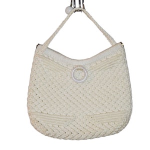 Vintage 70s Macrame Handbag Purse Medium Off White Lined Boho