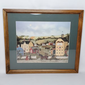 Vintage Linda Nelson Stocks Framed Print Victory Valley Prairie Village Folk Art