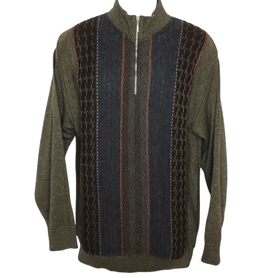 Vintage 90s Mock Neck Sweater Quarter Zip Sz M Textured Striped 