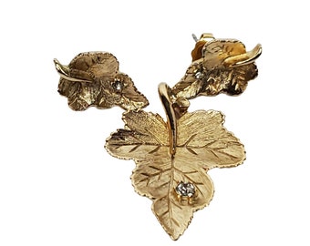 Vintage Avon Textured Ivy Leaf Pendant Post Earrings Set Clear Rhinestone