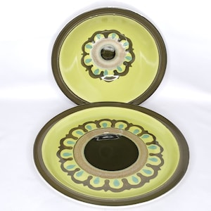 Vtg MCM Artsy Stoneware Floral Serving Bowl Plate Olive Green Chartreuse Brown