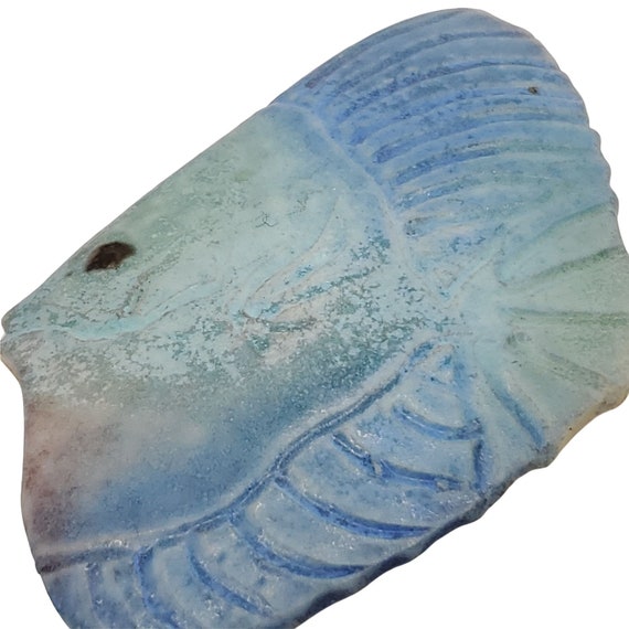 Handmade Glazed Ceramic Angel Fish Brooch Blue Gr… - image 3