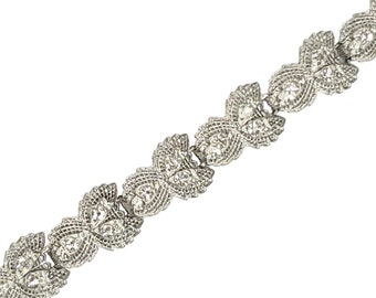 Vintage Clear Rhinestone Floral Leaf Filigree Link Bracelet Silvertone Wedding