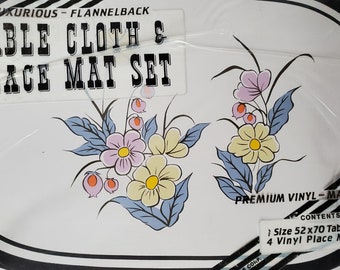 Vtg 80s 90s 4 Floral Vinyl Placemats Flannel Backed Table Cloth Blue Black