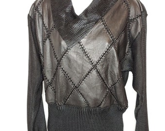 Vintage 80s Argyle Leather Sweater Shirt Sz L Black Diamond Patchwork Leather